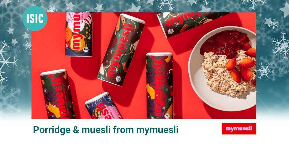 Various mueslis and porridges from benefit partner mymuesli on a red underground.